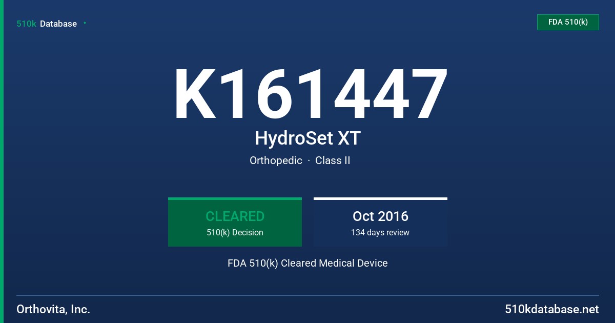 K161447 HydroSet XT FDA 510(k) Cleared Medical Device
