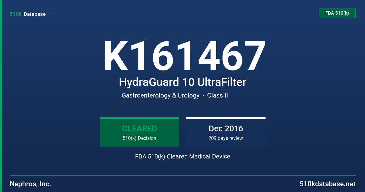 K161467 HydraGuard 10 UltraFilter FDA 510(k) Cleared Medical Device