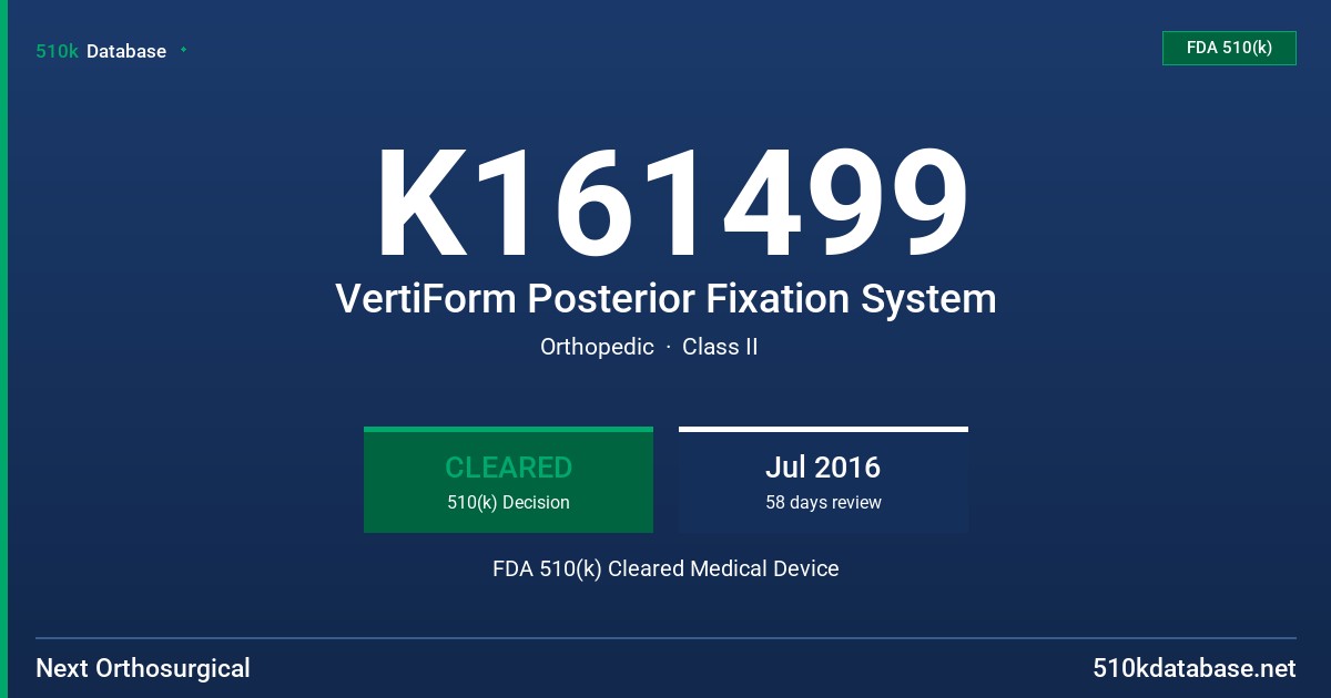 K161499 VertiForm Posterior Fixation System FDA 510(k) Cleared Medical Device