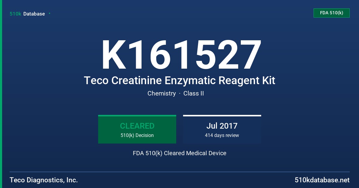 K161527 Teco Creatinine Enzymatic Reagent Kit FDA 510(k) Cleared Medical Device