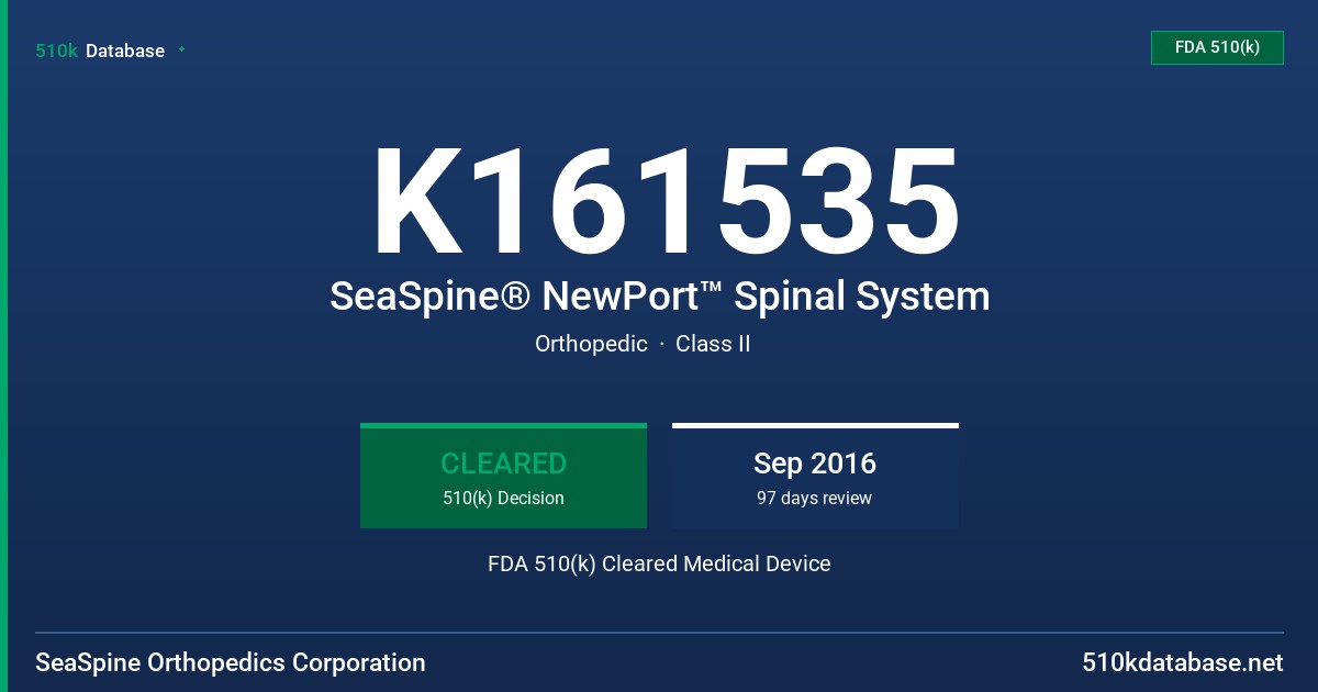 K161535 SeaSpine® NewPort™ Spinal System FDA 510(k) Cleared Medical Device