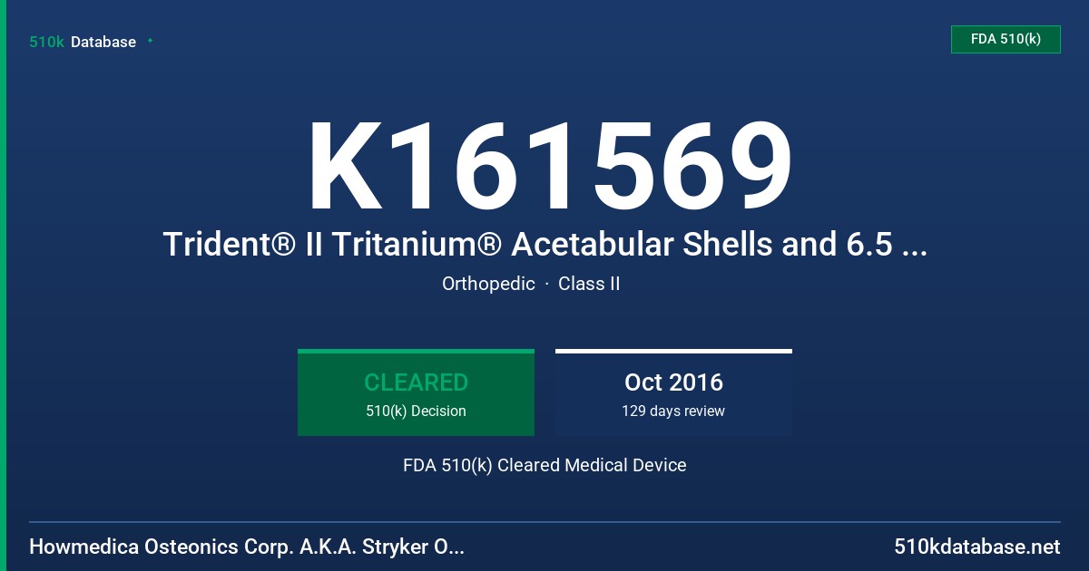 K161569 Trident® II Tritanium® Acetabular Shells and 6.5 mm Low Profile Hex Screws FDA 510(k) Cleared Medical Device