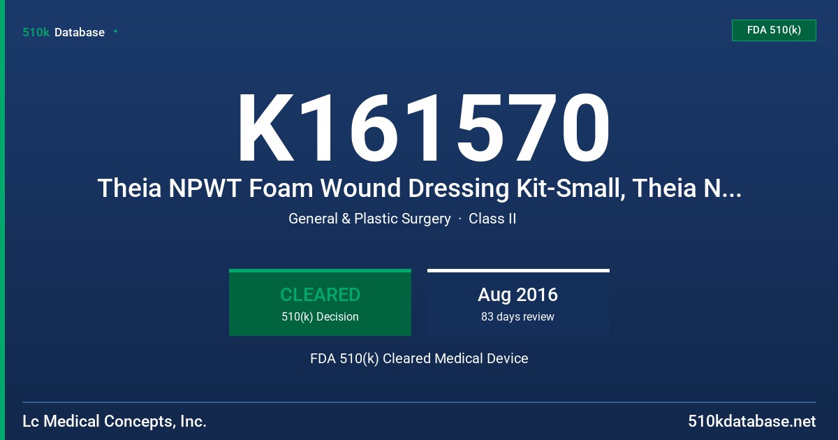 K161570 Theia NPWT Foam Wound Dressing Kit-Small, Theia NPWT Foam Wound Dressing Kit-Medium, Theia NPWT Foam Wound Dressing Kit-Large FDA 510(k) Cleared Medical Device