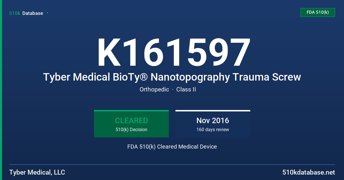 K161597 Tyber Medical BioTy® Nanotopography Trauma Screw FDA 510(k) Cleared Medical Device