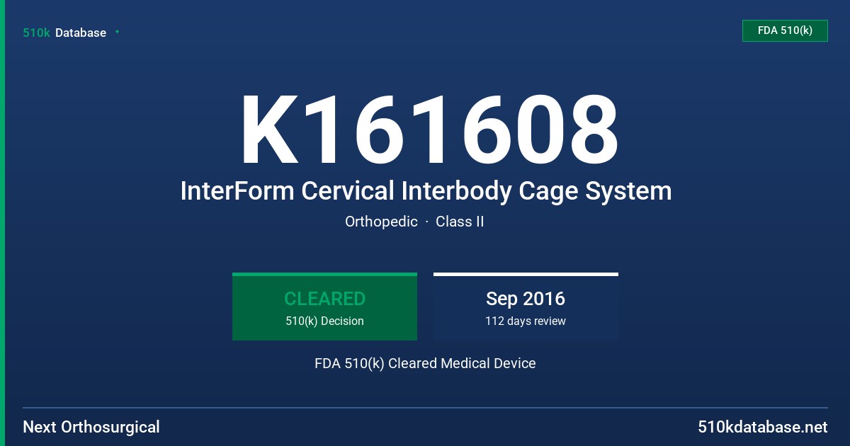 K161608 InterForm Cervical Interbody Cage System FDA 510(k) Cleared Medical Device