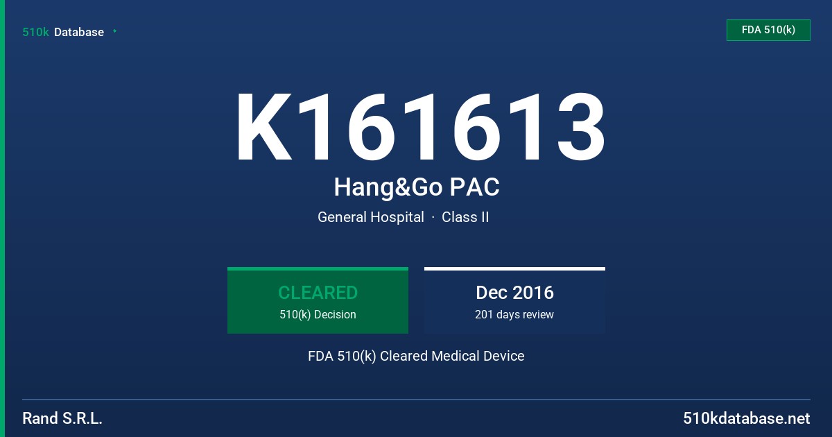 K161613 Hang&Go PAC FDA 510(k) Cleared Medical Device