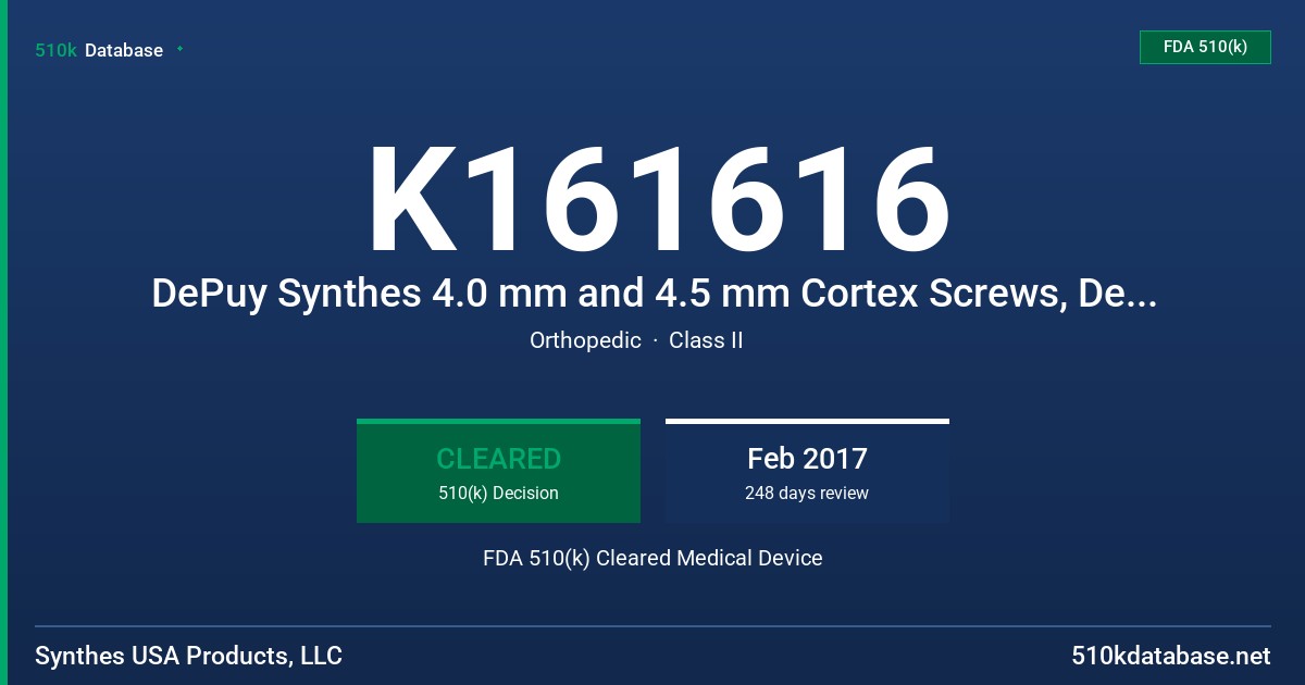 K161616 DePuy Synthes 4.0 mm and 4.5 mm Cortex Screws, DePuy Synthes 2.4 mm Cannulated Screws, DePuy Synthes 3.5 mm and 4.0 mm Cannulated Screws, DePuy Synthes 4.5 mm Cannulated Screws, DePuy Synthes 6.5 mm Cannulated Screws, DePuy Synthes 7.0 mm and 7.3 mm Cannulated Screws, DePuy Synthes 1.5 mm Headless Compression Screws, DePuy Synthes 2.4 mm Headless Compression Screws, DePuy Synthes 3.0 mm Headless Compression Screws, DePuy Synthes 4.5 mm and 6.5 mm Headless Compression Screw FDA 510(k) Cleared Medical Device