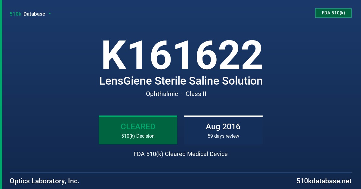 K161622 LensGiene Sterile Saline Solution FDA 510(k) Cleared Medical Device