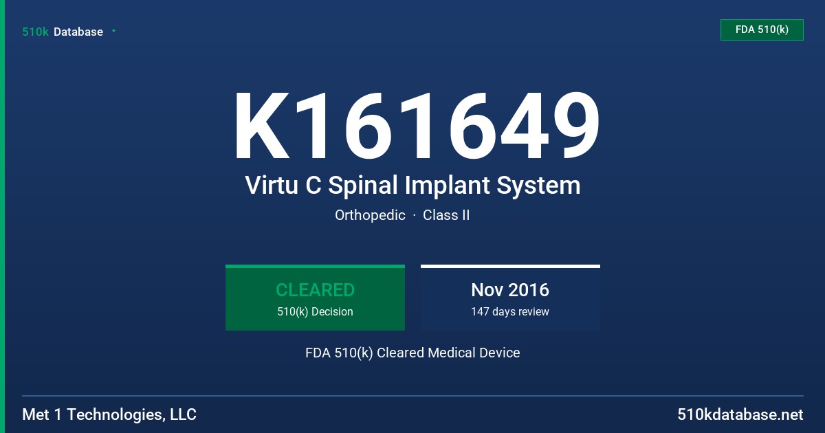 K161649 Virtu C Spinal Implant System FDA 510(k) Cleared Medical Device