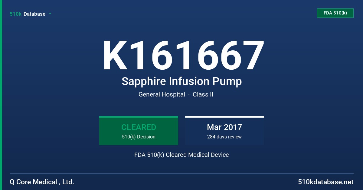 K161667 Sapphire Infusion Pump FDA 510(k) Cleared Medical Device