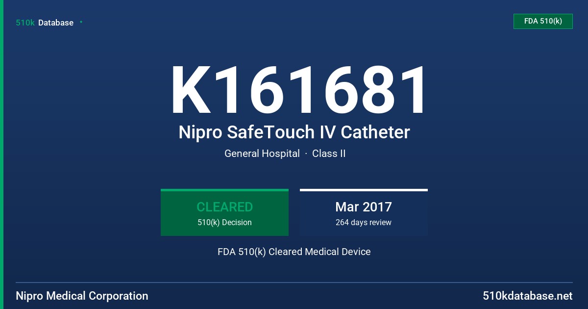 K161681 Nipro SafeTouch IV Catheter FDA 510(k) Cleared Medical Device