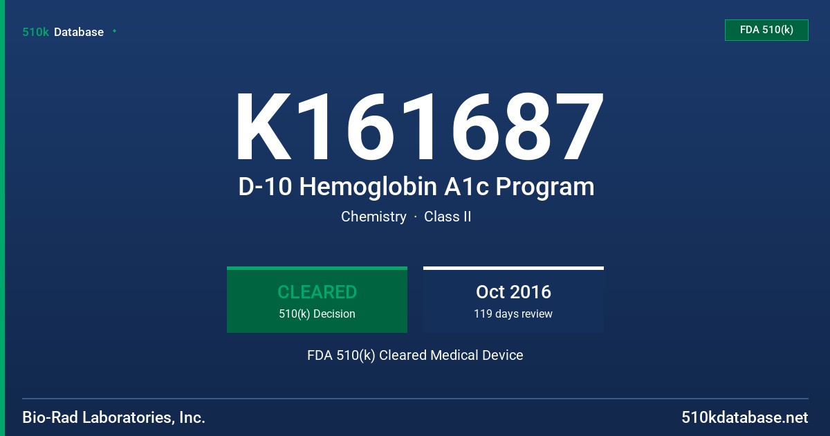 K161687 D-10 Hemoglobin A1c Program FDA 510(k) Cleared Medical Device