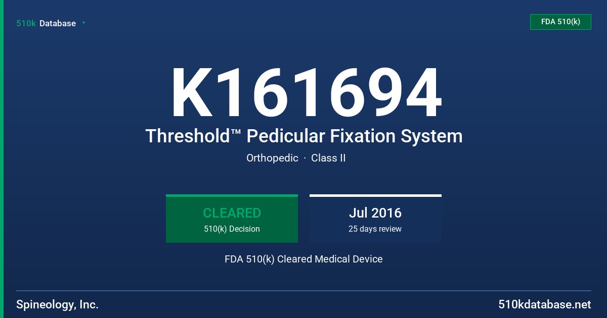 K161694 Threshold™ Pedicular Fixation System FDA 510(k) Cleared Medical Device
