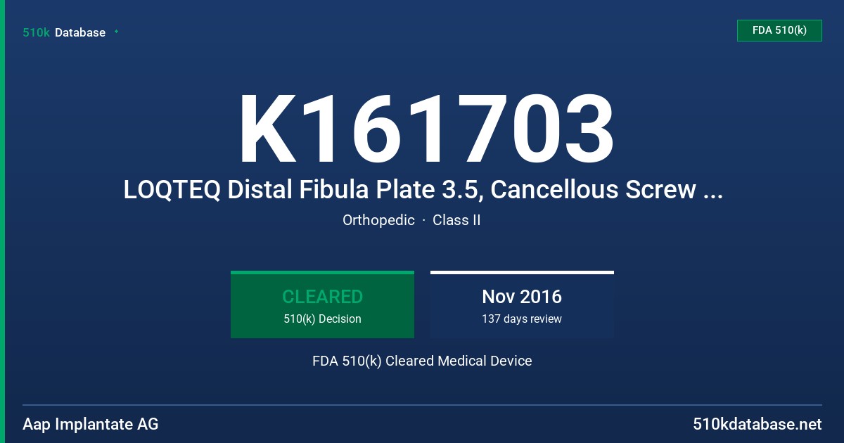 K161703 LOQTEQ Distal Fibula Plate 3.5, Cancellous Screw 4.0, Washer FDA 510(k) Cleared Medical Device