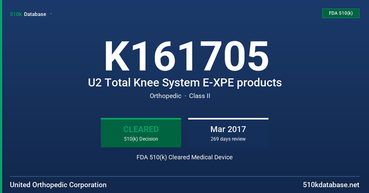 K161705 U2 Total Knee System E-XPE products FDA 510(k) Cleared Medical Device