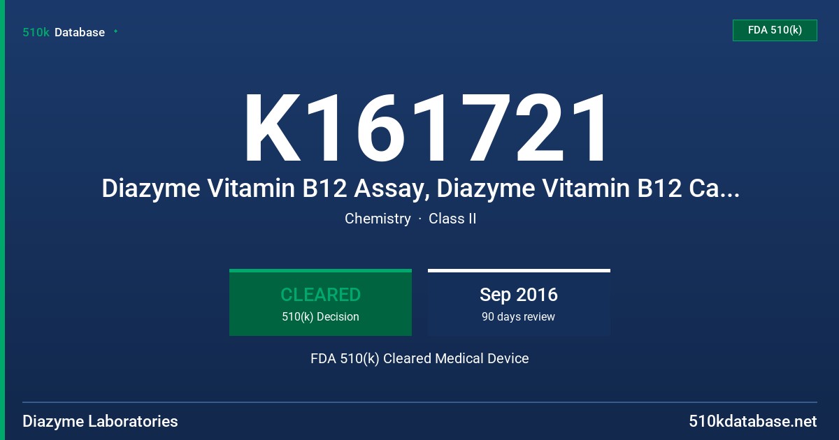 K161721 Diazyme Vitamin B12 Assay, Diazyme Vitamin B12 Calibrators Set, Diazyme Vitamin B12 Controls Set FDA 510(k) Cleared Medical Device