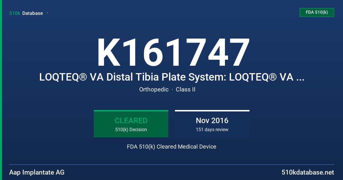 K161747 LOQTEQ® VA Distal Tibia Plate System: LOQTEQ® VA Distal Medial Tibia Plate 3.5 FDA 510(k) Cleared Medical Device
