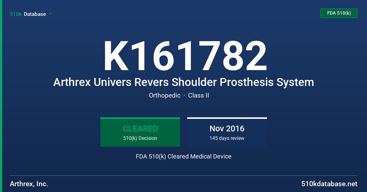 K161782 Arthrex Univers Revers Shoulder Prosthesis System FDA 510(k) Cleared Medical Device