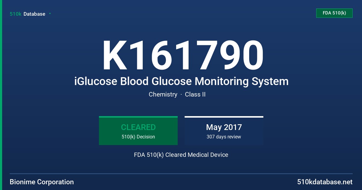 K161790 iGlucose Blood Glucose Monitoring System FDA 510(k) Cleared Medical Device