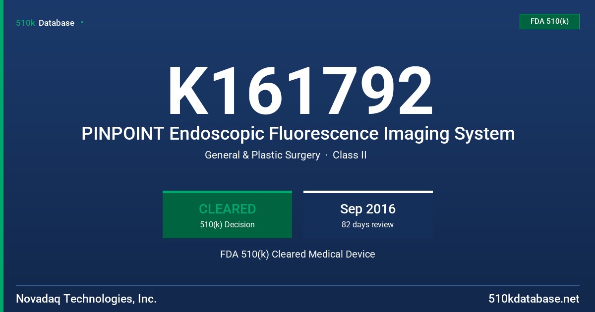 K161792 PINPOINT Endoscopic Fluorescence Imaging System FDA 510(k) Cleared Medical Device