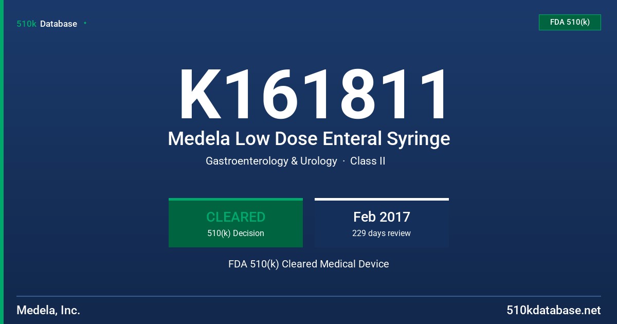 K161811 Medela Low Dose Enteral Syringe FDA 510(k) Cleared Medical Device