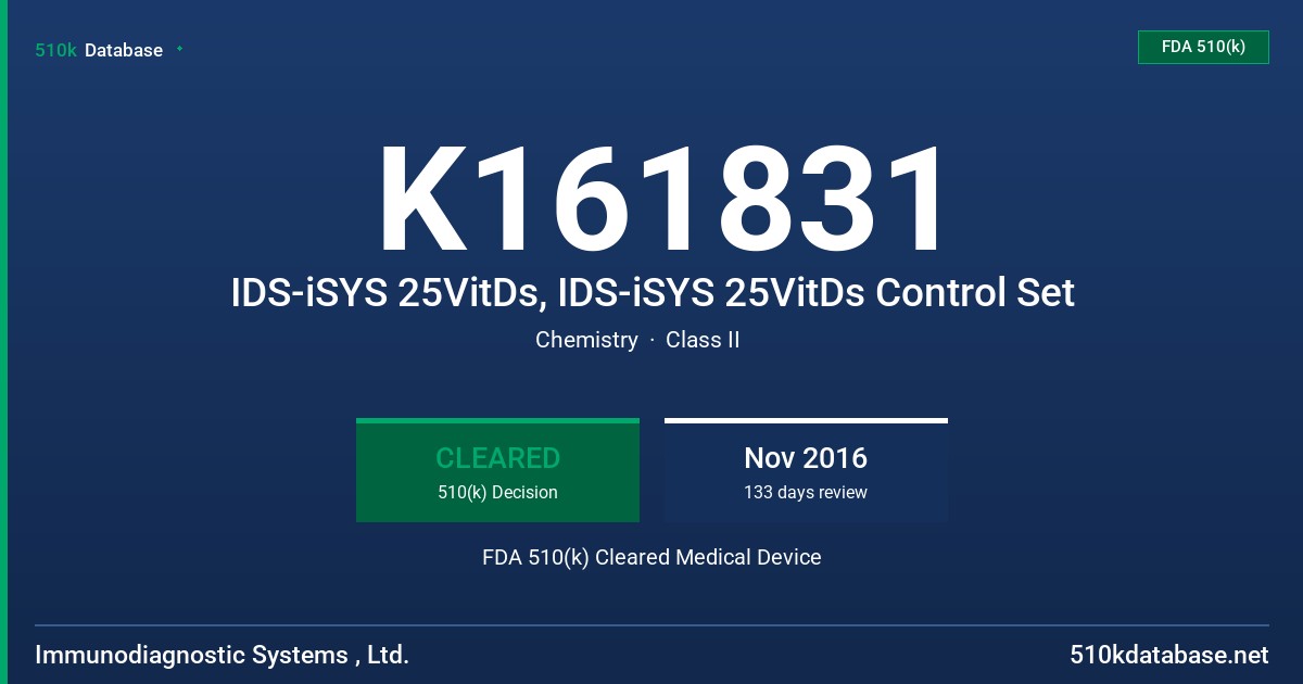 K161831 IDS-iSYS 25VitDs, IDS-iSYS 25VitDs Control Set FDA 510(k) Cleared Medical Device