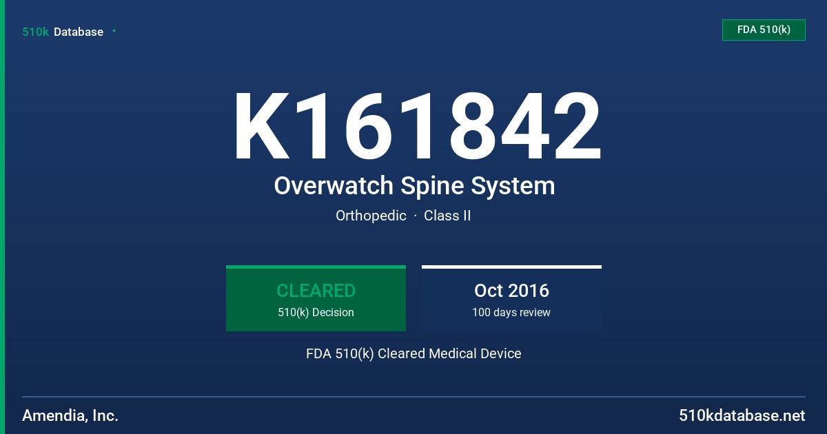 K161842 Overwatch Spine System FDA 510(k) Cleared Medical Device