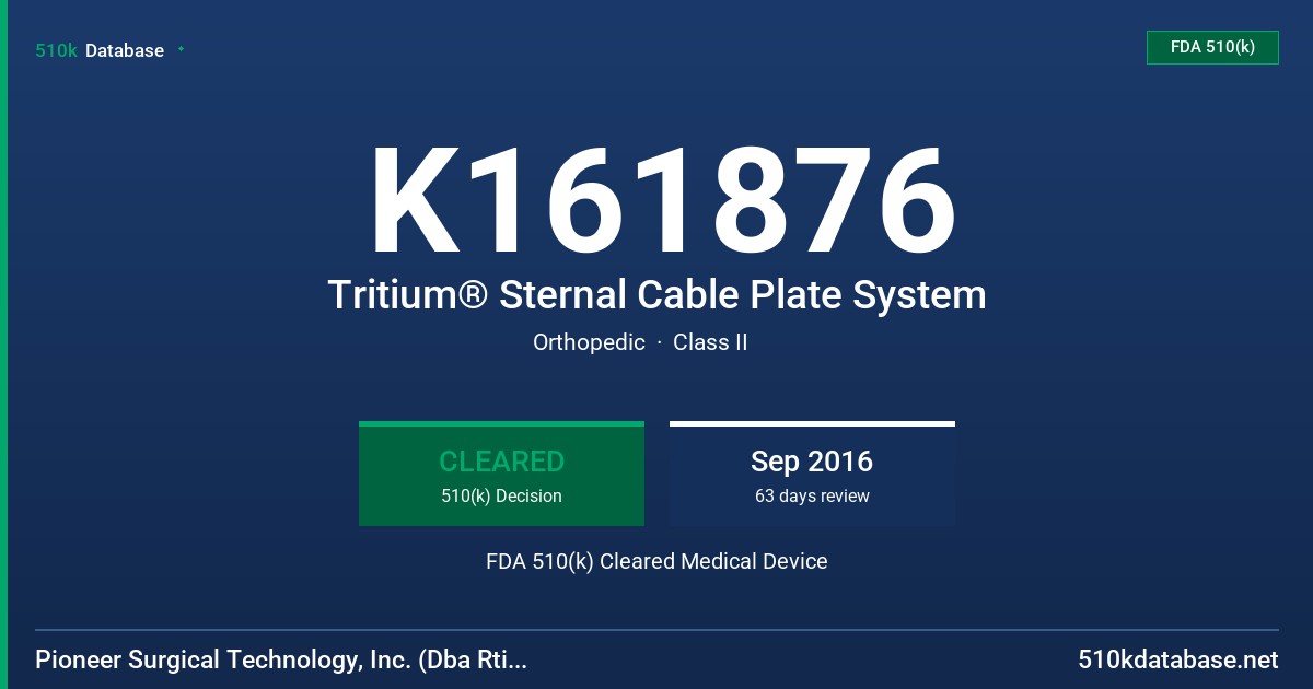 K161876 Tritium® Sternal Cable Plate System FDA 510(k) Cleared Medical Device