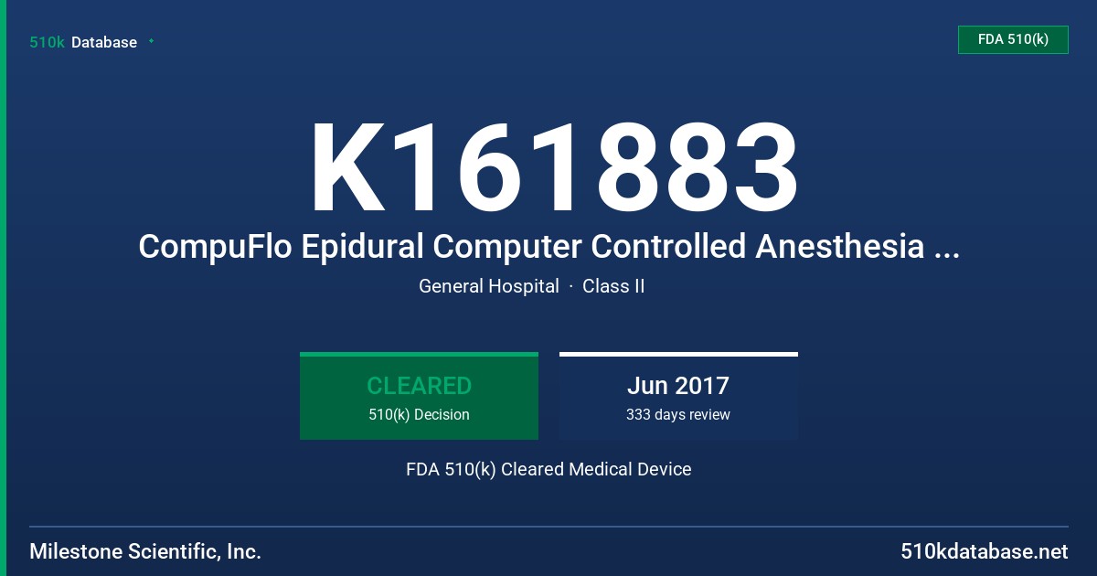 K161883 CompuFlo Epidural Computer Controlled Anesthesia System FDA 510(k) Cleared Medical Device