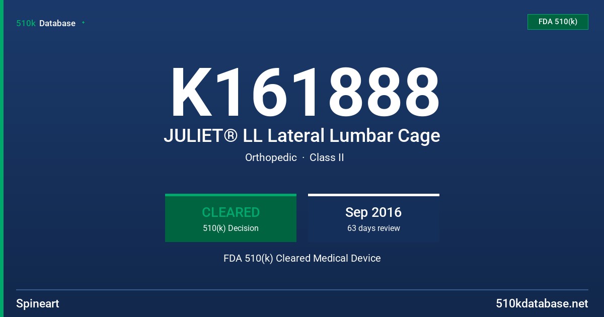 K161888 JULIET® LL Lateral Lumbar Cage FDA 510(k) Cleared Medical Device