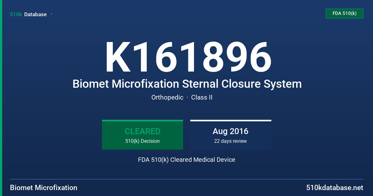 K161896 Biomet Microfixation Sternal Closure System FDA 510(k) Cleared Medical Device