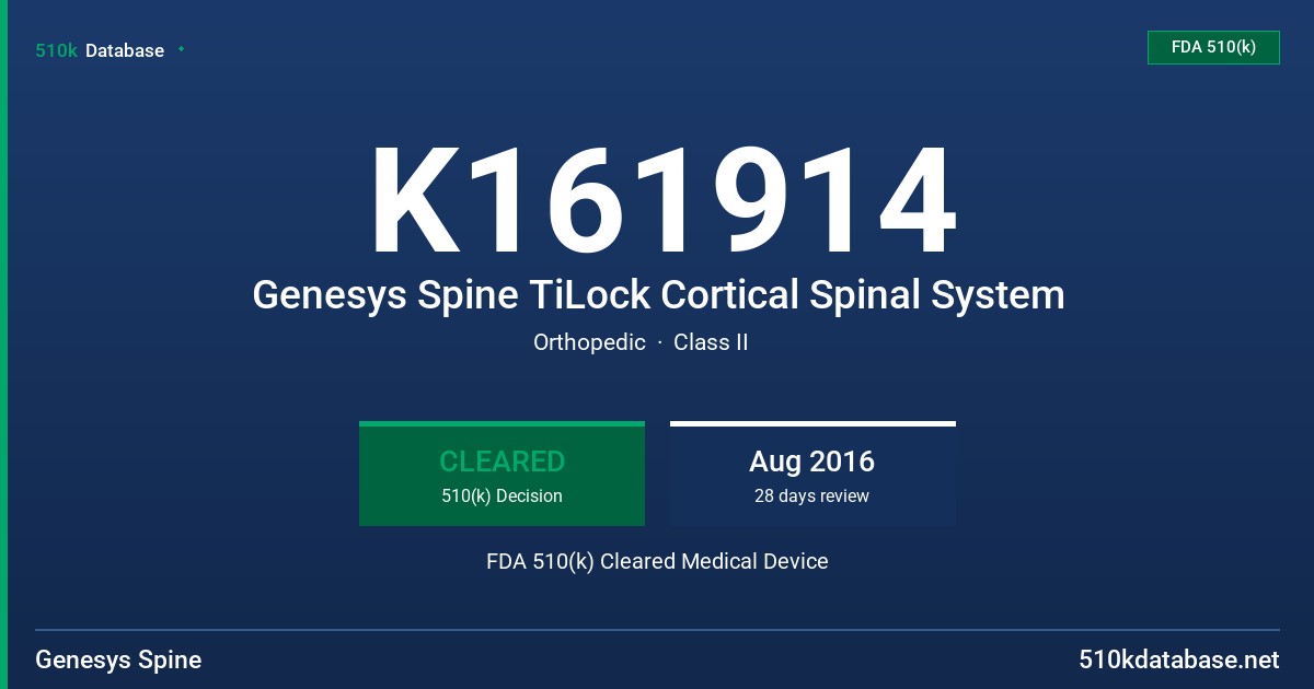 K161914 Genesys Spine TiLock Cortical Spinal System FDA 510(k) Cleared Medical Device