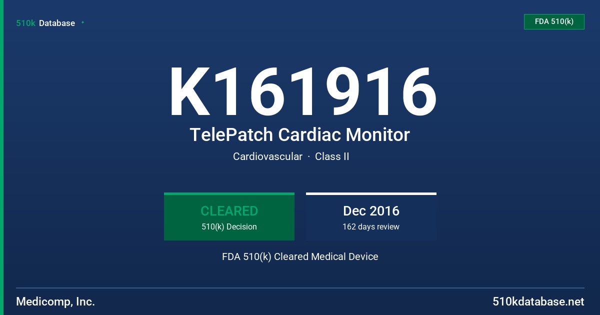 K161916 TelePatch Cardiac Monitor FDA 510(k) Cleared Medical Device