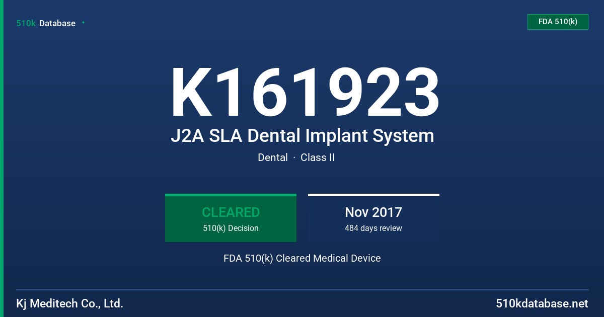 K161923 J2A SLA Dental Implant System FDA 510(k) Cleared Medical Device