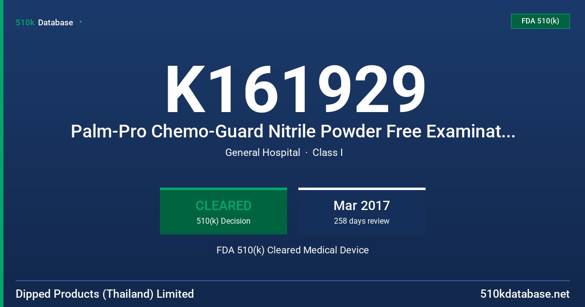 K161929 Palm-Pro Chemo-Guard Nitrile Powder Free Examination Glove FDA 510(k) Cleared Medical Device
