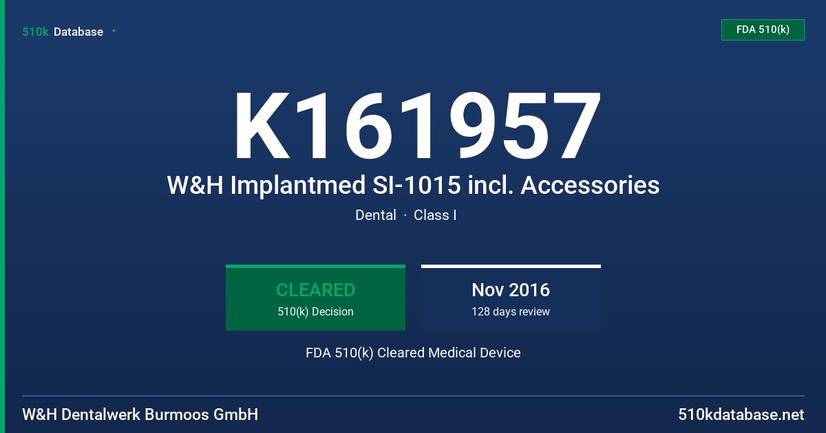 K161957 W&H Implantmed SI-1015 incl. Accessories FDA 510(k) Cleared Medical Device
