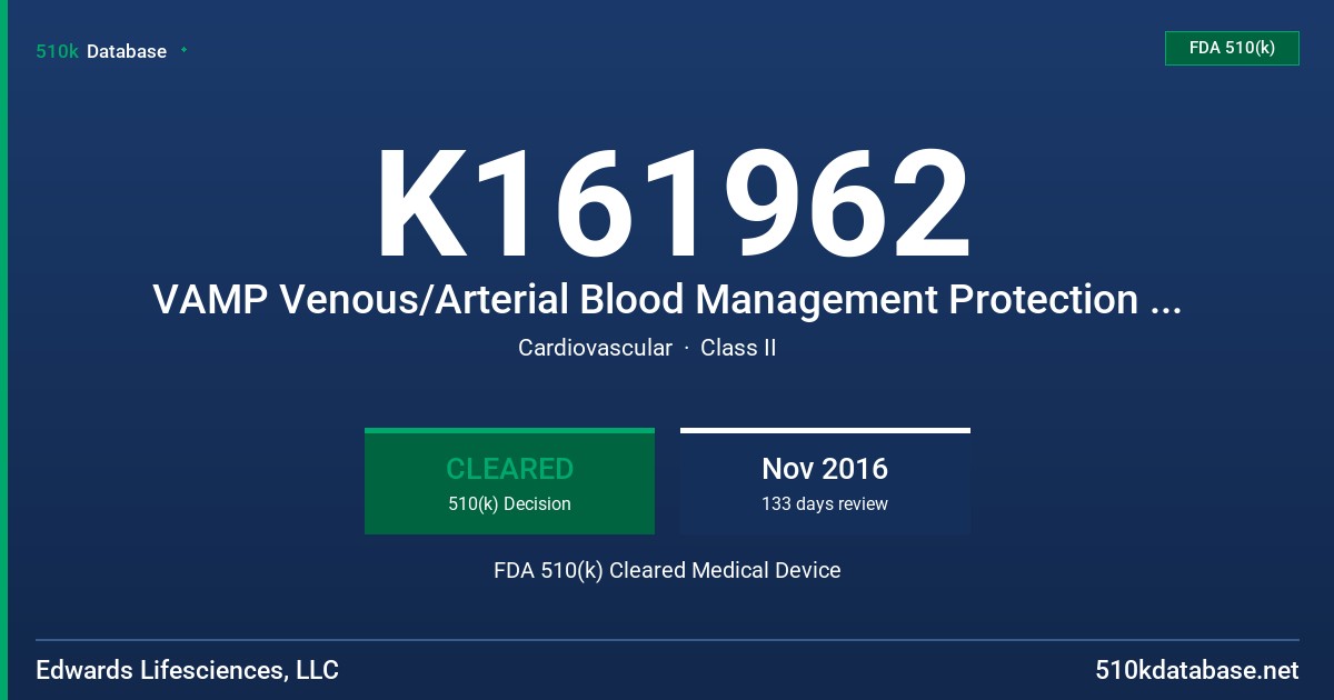 K161962 VAMP Venous/Arterial Blood Management Protection System FDA 510(k) Cleared Medical Device