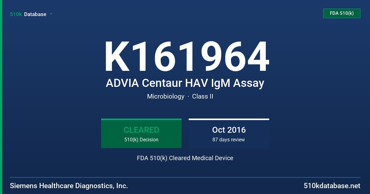 K161964 ADVIA Centaur HAV IgM Assay FDA 510(k) Cleared Medical Device