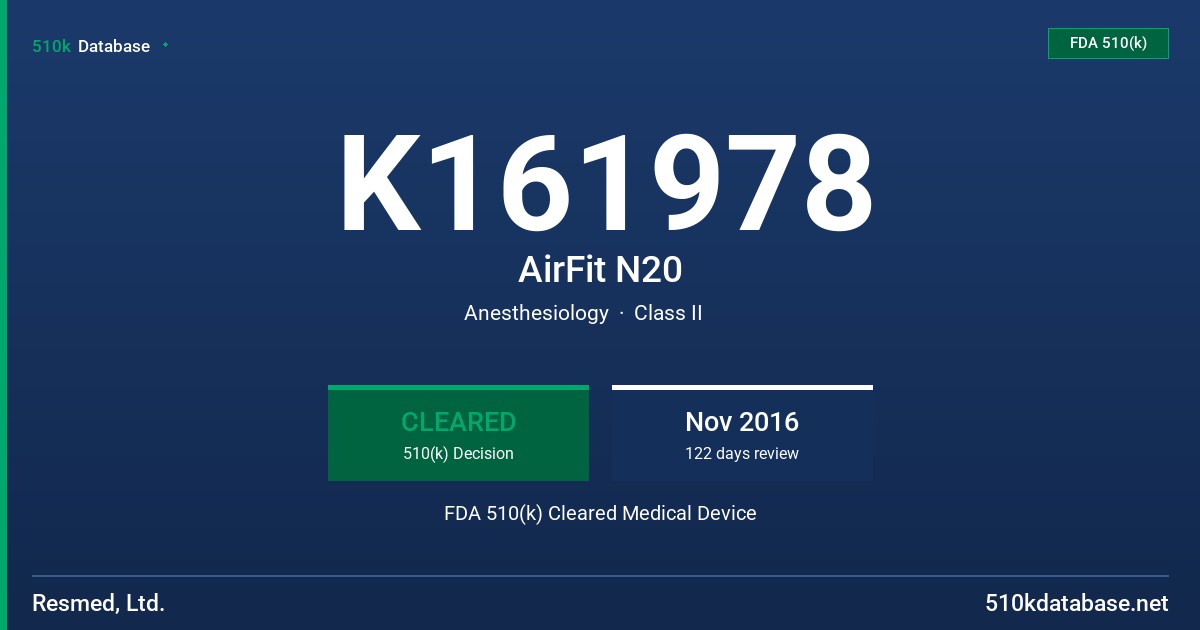 K161978 AirFit N20 FDA 510(k) Cleared Medical Device