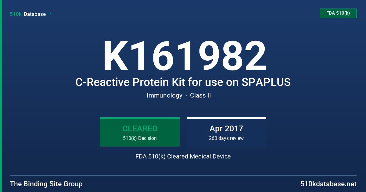 K161982 C-Reactive Protein Kit for use on SPAPLUS FDA 510(k) Cleared Medical Device