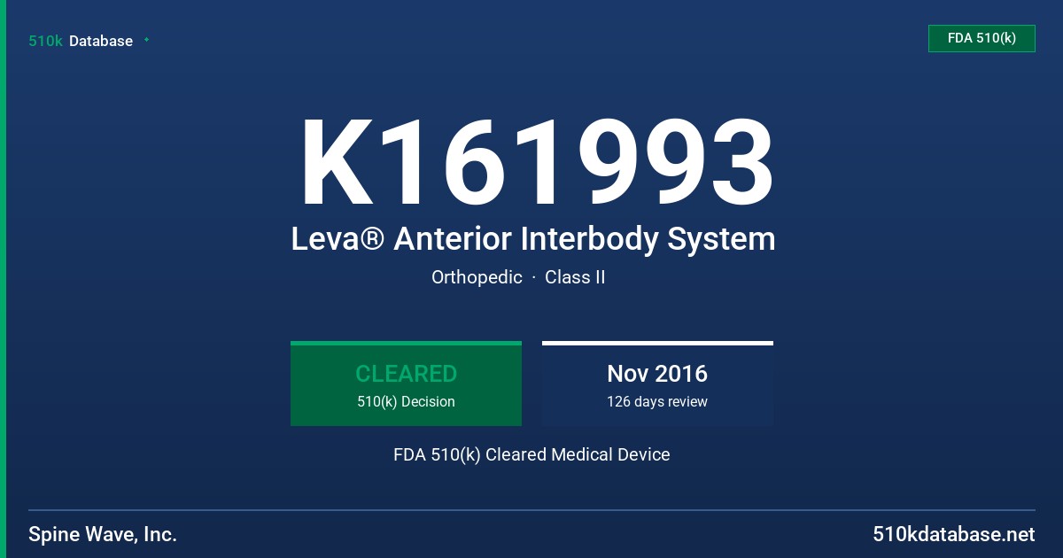 K161993 Leva® Anterior Interbody System FDA 510(k) Cleared Medical Device