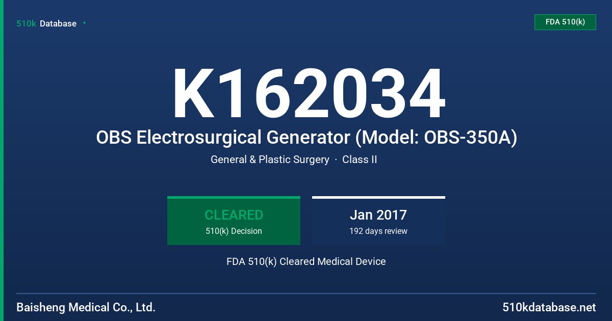 K162034 OBS Electrosurgical Generator (Model: OBS-350A) FDA 510(k) Cleared Medical Device