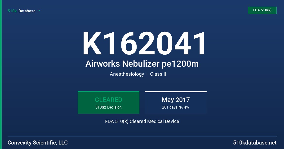 K162041 Airworks Nebulizer pe1200m FDA 510(k) Cleared Medical Device