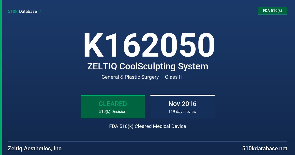 K162050 ZELTIQ CoolSculpting System FDA 510(k) Cleared Medical Device