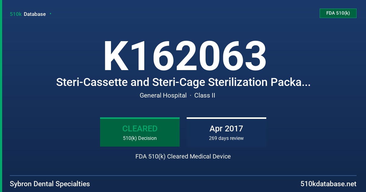 K162063 Steri-Cassette and Steri-Cage Sterilization Packaging System FDA 510(k) Cleared Medical Device