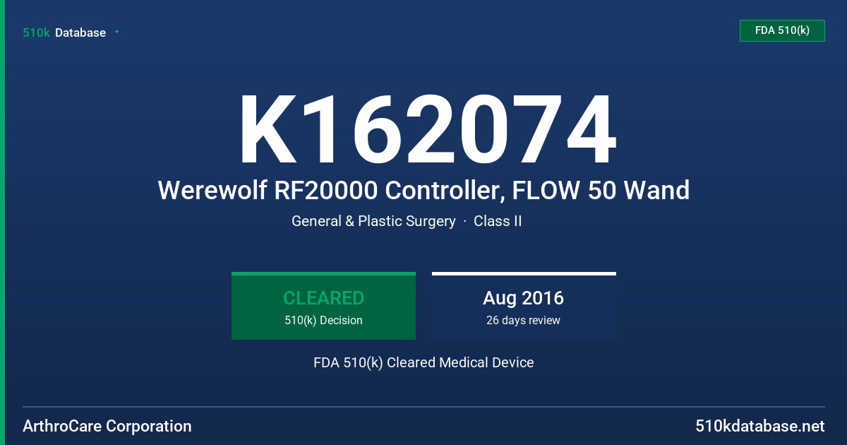 K162074 Werewolf RF20000 Controller, FLOW 50 Wand FDA 510(k) Cleared Medical Device