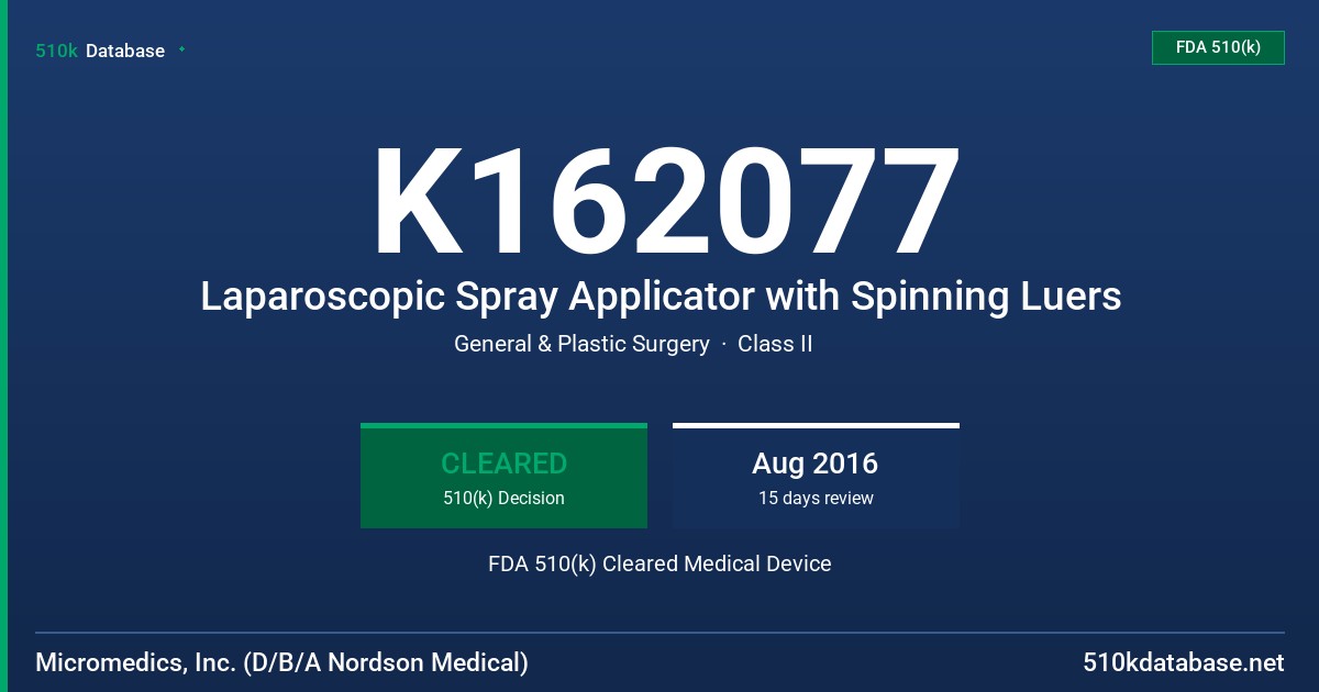 K162077 Laparoscopic Spray Applicator with Spinning Luers FDA 510(k) Cleared Medical Device