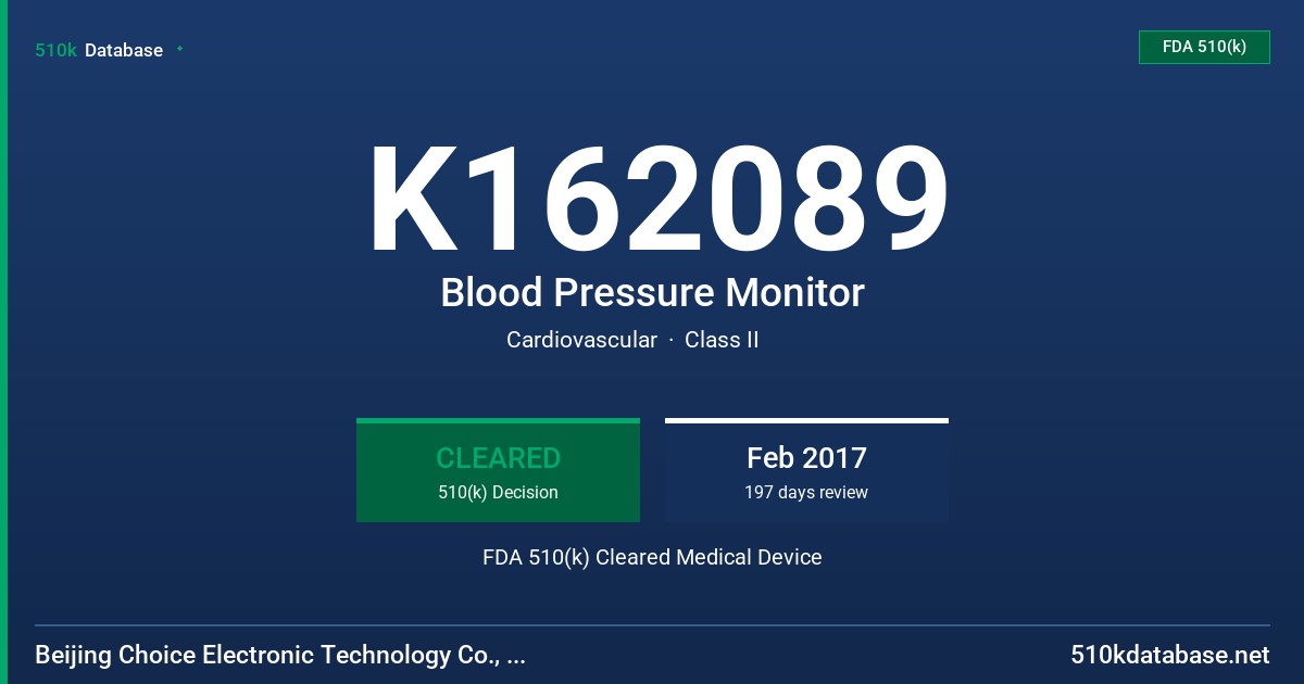 K162089 Blood Pressure Monitor FDA 510(k) Cleared Medical Device