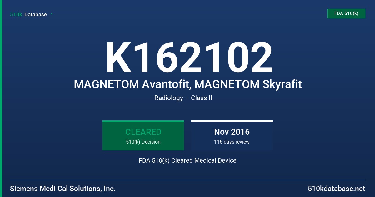 K162102 MAGNETOM Avantofit, MAGNETOM Skyrafit FDA 510(k) Cleared Medical Device