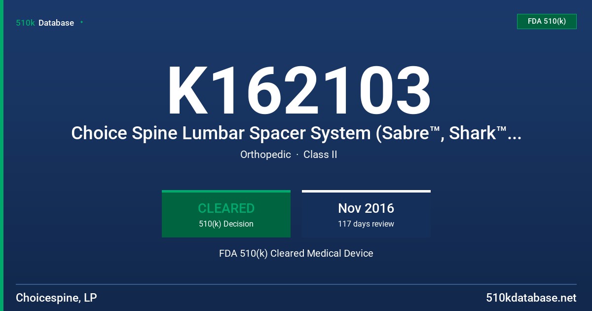 K162103 Choice Spine Lumbar Spacer System (Sabre™, Shark™, Hornet™, Harpoon™), Choice Spine Interbody Fusion System (Harrier™), Choice Spine Vertebral Body Replacement System (Hawkeye™) FDA 510(k) Cleared Medical Device